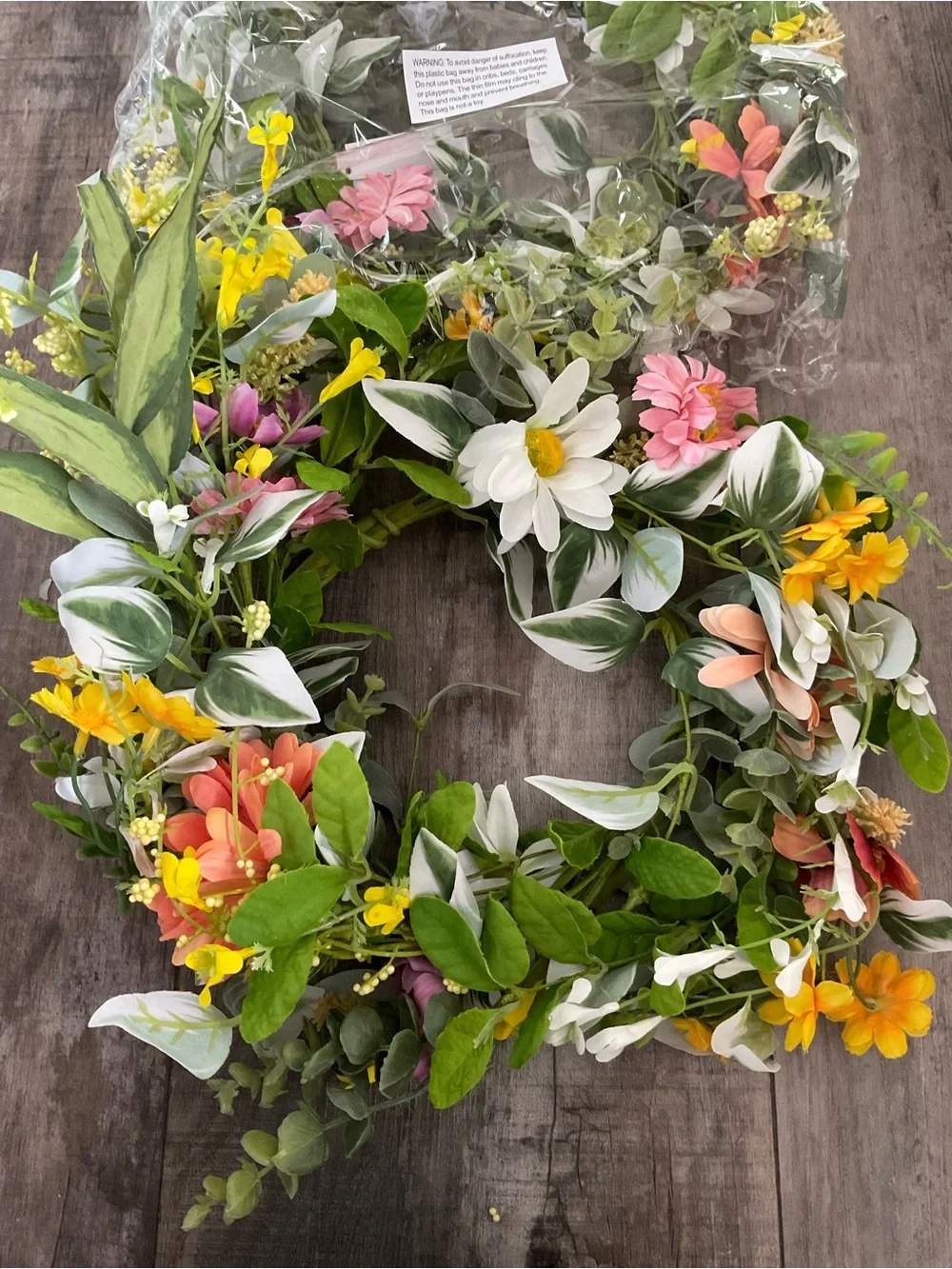 Faux Floral Wreath with Pink, Yellow & White Blooms